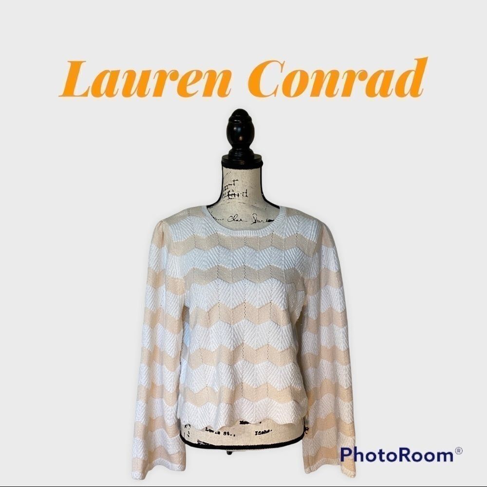 Lauren Conrad Blush & White Cropped Bell Sleeve Sweater (L)